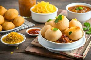 Indien nourriture avec pain des balles et sauces sur une en bois tableau. généré par ai photo