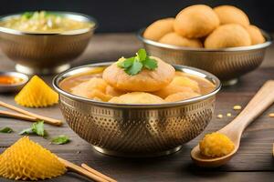 Indien nourriture dans boules avec baguettes et cuillères. généré par ai photo