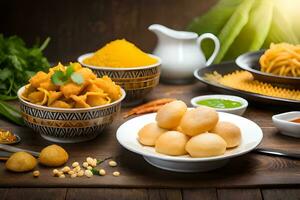 Indien nourriture sur en bois table avec boules de aliments. généré par ai photo