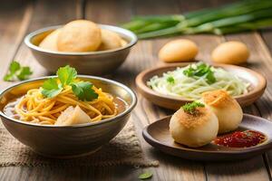 chinois nourriture avec nouilles, Viande et des légumes. généré par ai photo