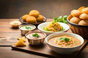 Indien nourriture sur une en bois table avec boules de aliments. généré par ai photo