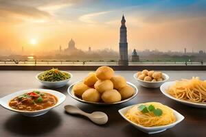 Indien nourriture sur une table avec boules et boules de aliments. généré par ai photo