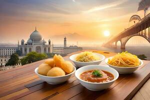 Indien nourriture sur une table avec une pont dans le Contexte. généré par ai photo