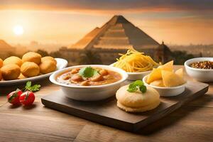 égyptien nourriture avec le pyramides dans le Contexte. généré par ai photo