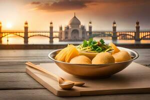 Indien nourriture dans une bol avec une vue de le taj Mahal. généré par ai photo