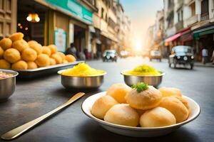 Indien rue nourriture dans le ville. généré par ai photo