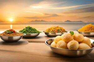 une table avec boules de nourriture sur il. généré par ai photo