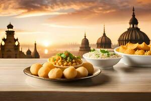 une table avec nourriture et boules sur il avec une vue de le ville. généré par ai photo