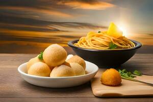 italien nourriture avec spaghetti et Boulettes de viande sur en bois table avec le coucher du soleil Contexte. généré par ai photo