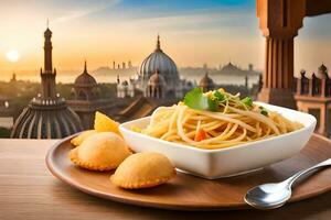 spaghetti avec Boulettes de viande et pain sur une en bois table avec une vue de le ville. généré par ai photo