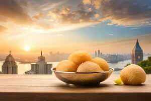 Indien bonbons dans une bol sur une en bois table avec paysage urbain dans le Contexte. généré par ai photo