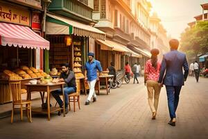 une couple en marchant vers le bas une rue dans Inde. généré par ai photo