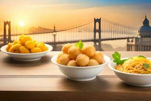 Trois boules de Pâtes avec spaghetti et spaghetti avec une pont dans le Contexte. généré par ai photo