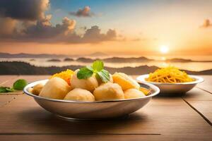 Indien nourriture dans boules sur en bois table avec le coucher du soleil dans Contexte. généré par ai photo