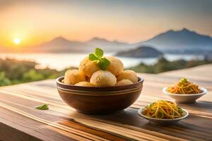 chinois frit Dumplings dans une bol avec une bol de nouilles sur une en bois table avec. généré par ai photo