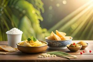 thaïlandais nourriture sur en bois table avec Soleil des rayons. généré par ai photo