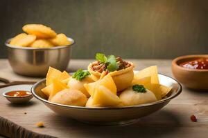 une bol de nourriture avec patates et Viande dans il. généré par ai photo