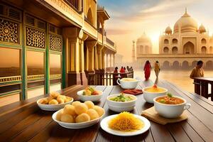 une table avec boules de nourriture et une vue de le taj Mahal. généré par ai photo