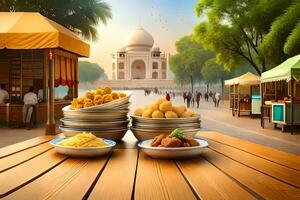 une table avec assiettes de nourriture et une vue de le taj Mahal. généré par ai photo