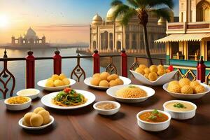 Indien nourriture sur une table avec boules et assiettes. généré par ai photo