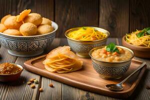 Indien nourriture sur en bois table avec boules de aliments. généré par ai photo