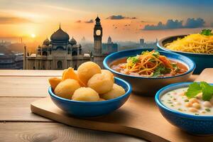 Indien nourriture dans boules sur une table avec une vue de le ville. généré par ai photo