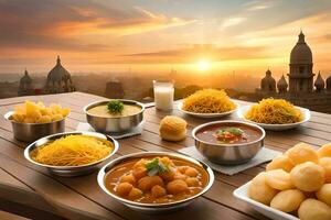 Indien nourriture sur une table avec boules de aliments. généré par ai photo