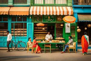 gens séance à une table dans de face de une coloré magasin. généré par ai photo