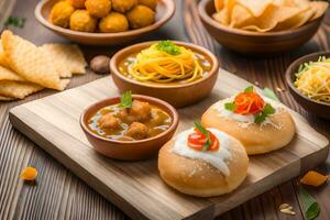 Indien nourriture sur en bois table avec boules de aliments. généré par ai photo