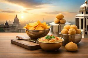 Indien nourriture dans boules sur une table avec une vue de le ville. généré par ai photo