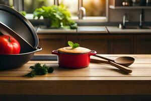 une rouge pot avec tomates et une en bois cuillère sur une comptoir. généré par ai photo