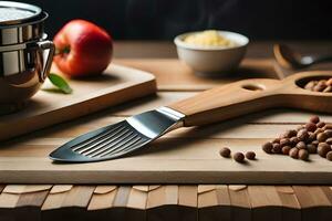 une en bois Coupe planche avec une couteau et une cuillère. généré par ai photo