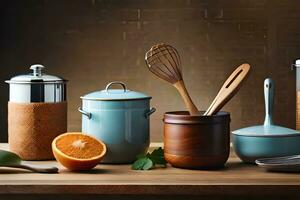 une collection de cuisine accessoires comprenant une en bois tableau, une en bois cuillère, et une en bois cuillère. généré par ai photo