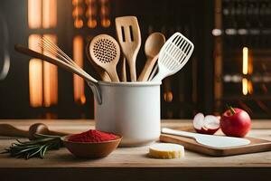 cuisine ustensiles sur en bois tableau. généré par ai photo