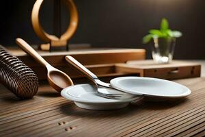 une table avec une bol, cuillère et fourchette. généré par ai photo