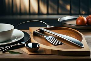 une en bois table avec une couteau, fourchette et cuillère. généré par ai photo