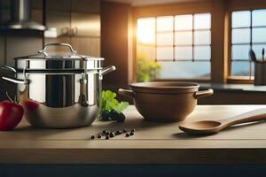 une cuisine avec des pots et des casseroles sur une tableau. généré par ai photo