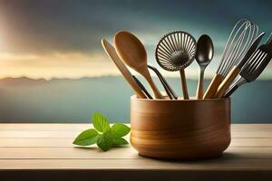 cuisine ustensiles dans en bois bol sur table avec le coucher du soleil. généré par ai photo