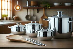 ustensiles de cuisine sur une en bois table avec des pots et des casseroles. généré par ai photo