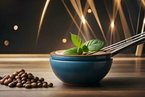 épices et herbes dans une bol avec une cuillère sur une en bois table avec feux d'artifice Contexte. généré par ai photo