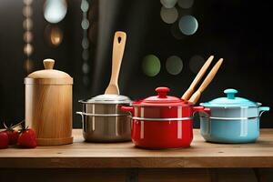 coloré des pots et des casseroles sur une en bois tableau. généré par ai photo