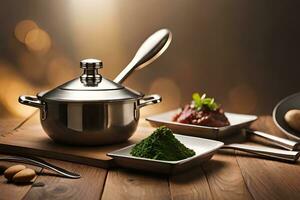 une en bois table avec une pot, cuillère et autre ustensiles. généré par ai photo