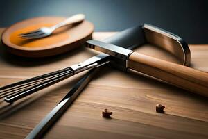 une couteau, fourchette et cuillère séance sur une Coupe planche. généré par ai photo