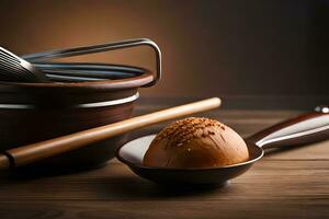 une bol avec une pain et une cuillère sur une tableau. généré par ai photo