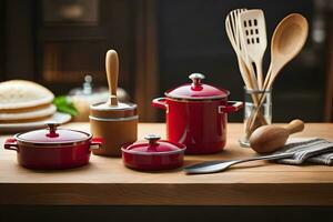 rouge ustensiles de cuisine sur une en bois tableau. généré par ai photo