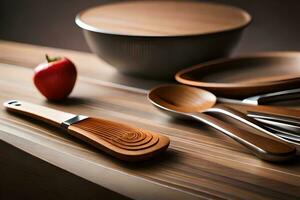 une en bois bol, cuillère et spatule sur une tableau. généré par ai photo