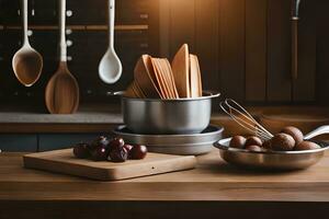 une en bois table avec une bol de fruit et ustensiles. généré par ai photo