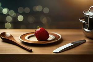 une fraise est assis sur une assiette suivant à une pot et cuillère. généré par ai photo