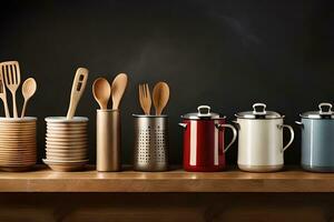 une rangée de des pots et des casseroles sur une étagère. généré par ai photo