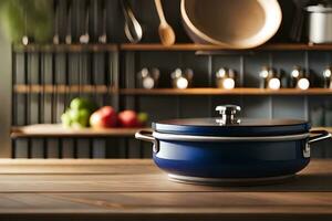 une bleu pot sur une en bois table dans une cuisine. généré par ai photo
